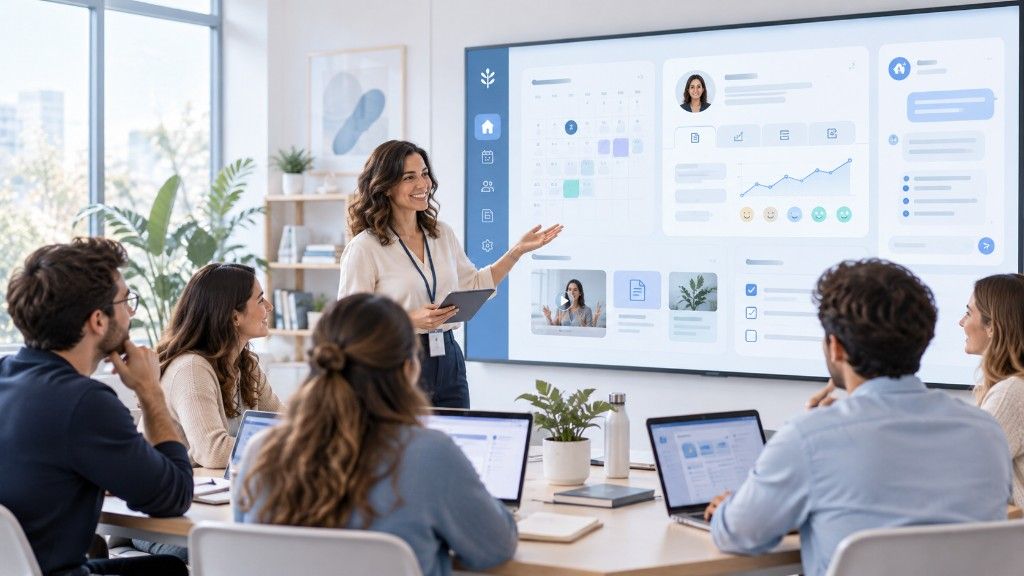 Docente y estudiantes en un aula moderna con herramientas digitales de formación clínica