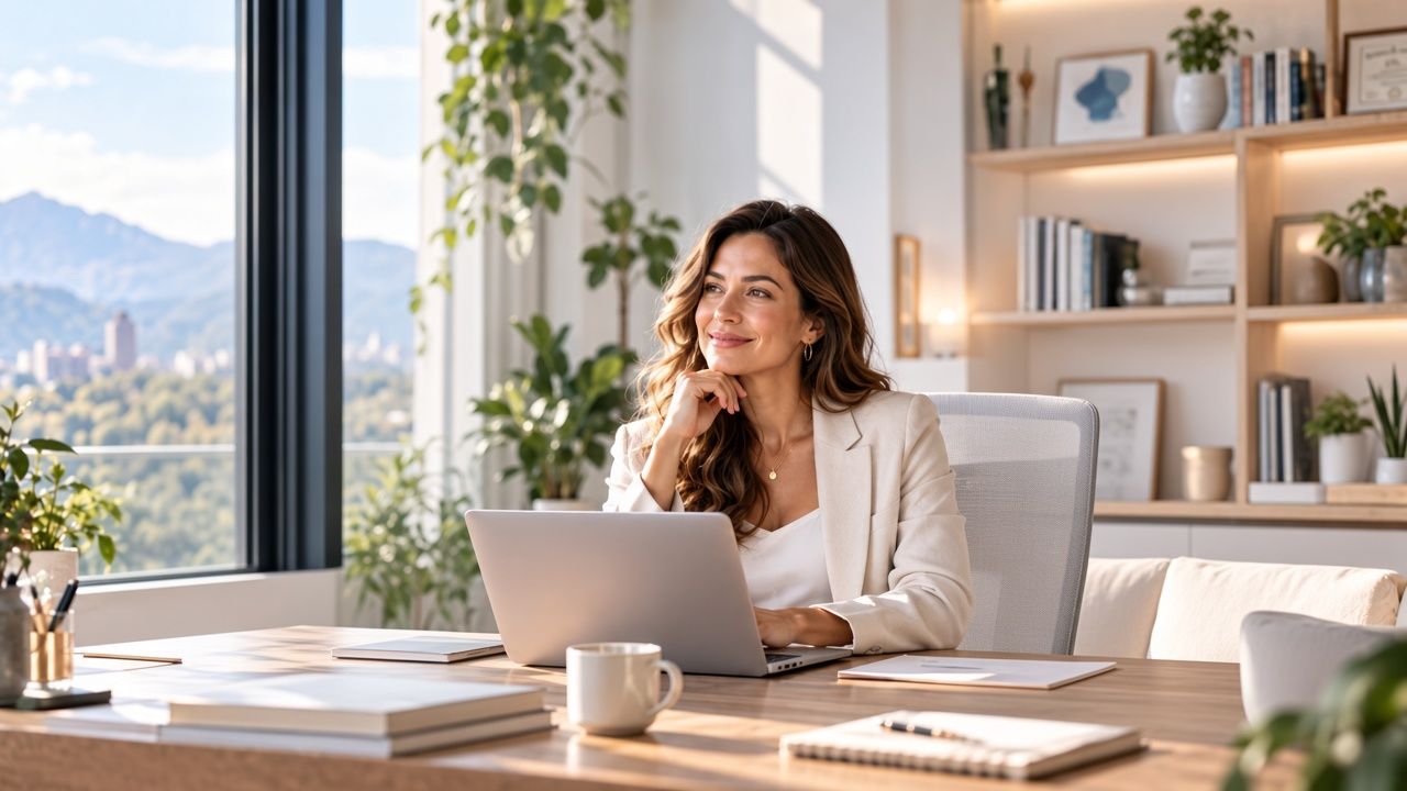 Profesional sonriente en su consulta, junto a su computador. Fotografía ilustrativa.