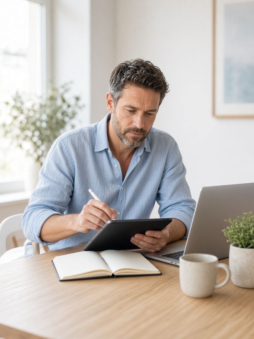 Profesional de bienestar revisando notas en una tablet junto a su computador.